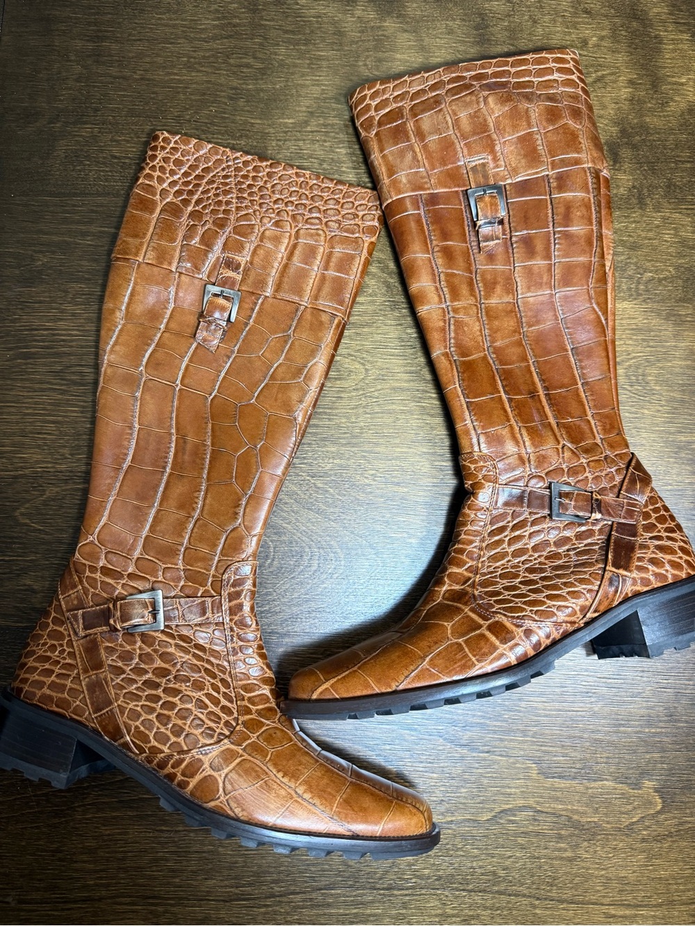55. Paul Green Croc-Embossed Tall Riding Boots - Tan Cognac